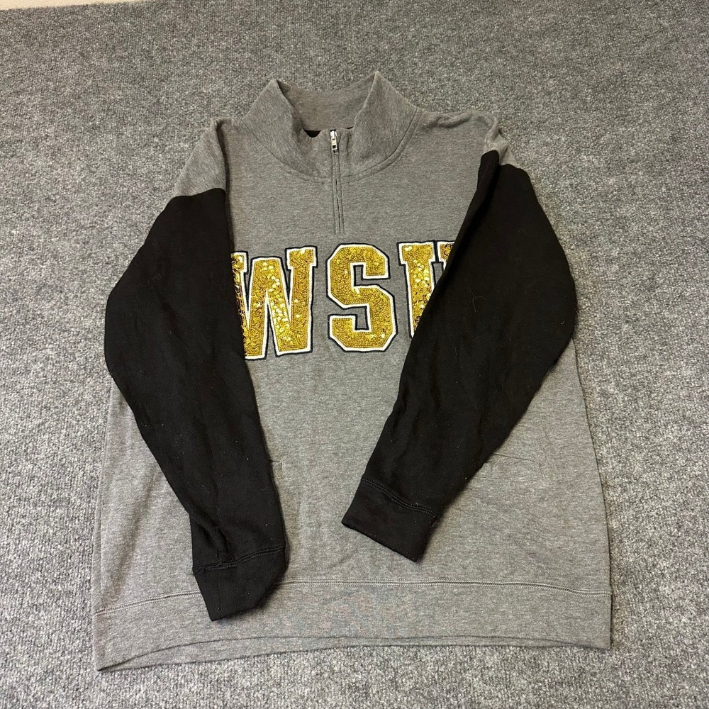 PINK Sweatshirt Womens Size M Gray Black Quarter Zip Sequin WSU Pullover Logo